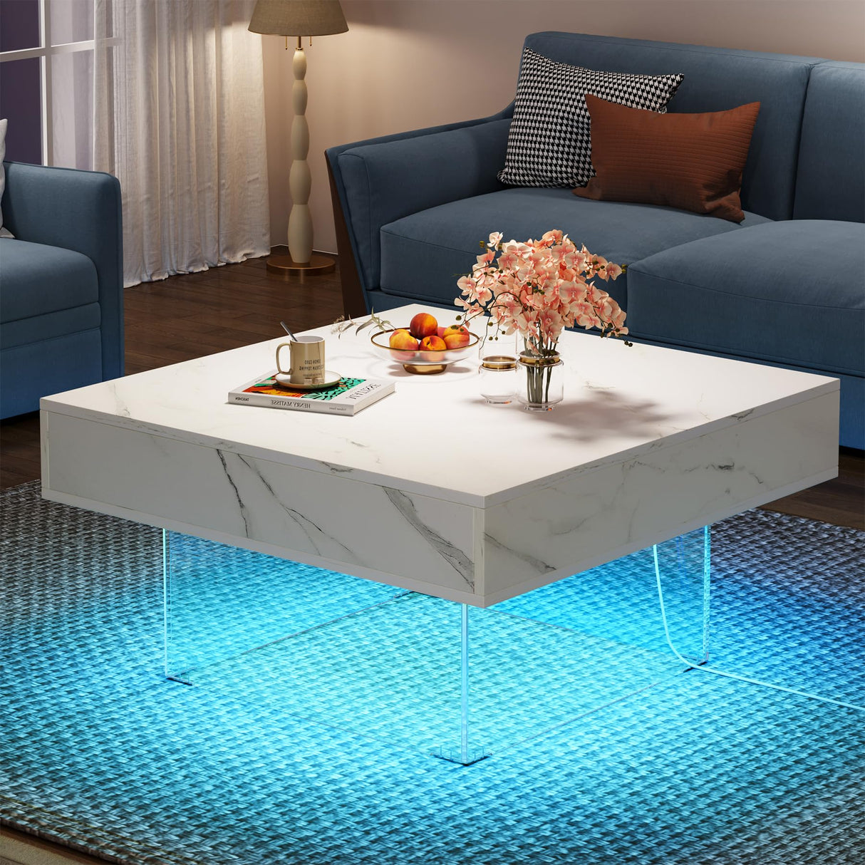 Square LED Coffee Table: Faux Marble White Coffee Table for Living Room