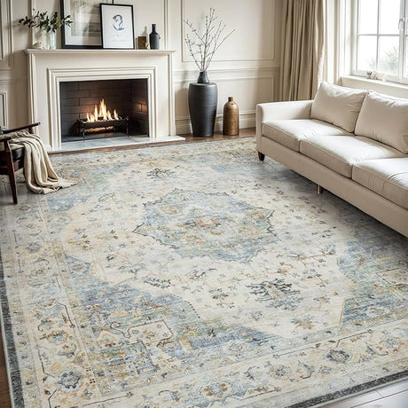 Area Rug 5X7 Rugs for Living Room-Vintage Soft Beige Rugs for Bedroom-Non Slip Carpet