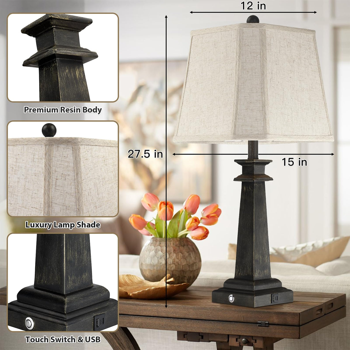 27.5" Farmhouse Table Lamps Set of 2 with USB Charging Ports