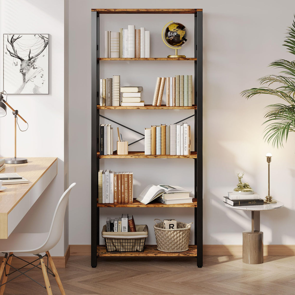 Bookshelf, 31.5in Wide Shelf 6 Tier Bookcase, 110lbs/shelf Vintage Industrial Style Bookshelves