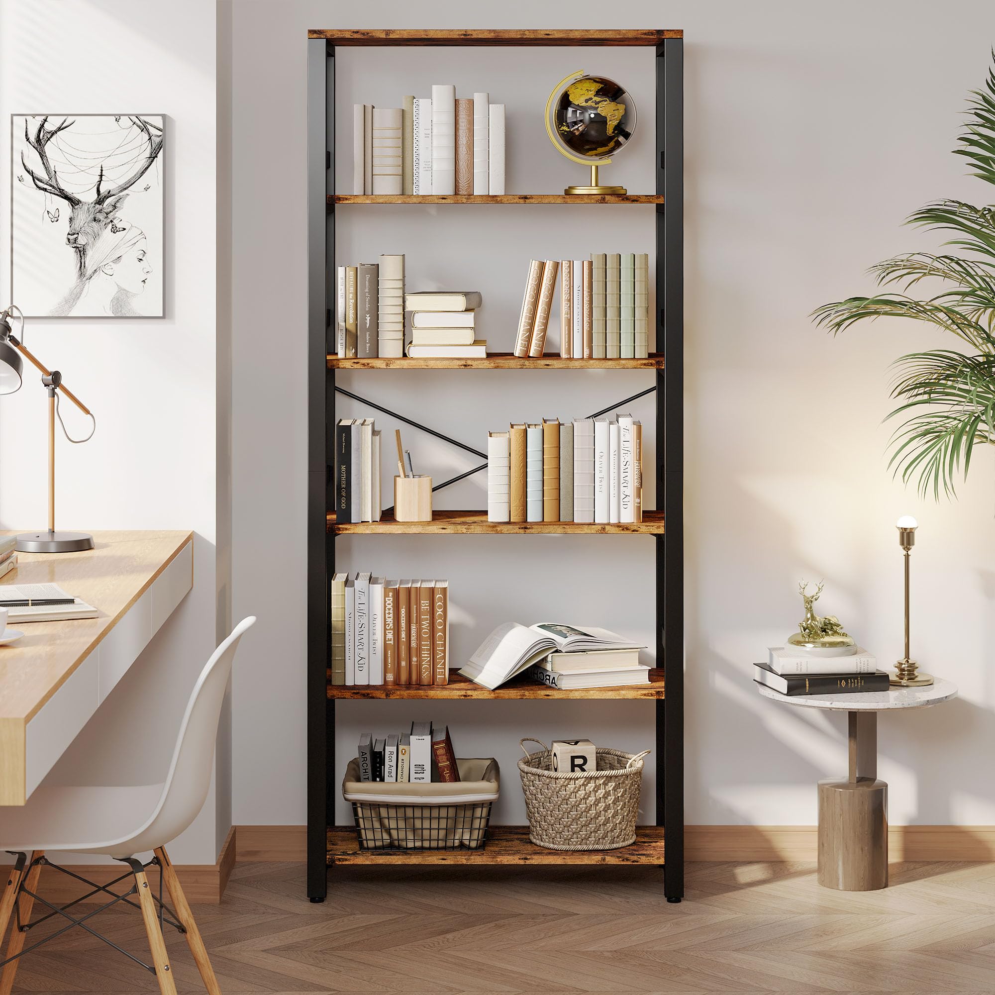 Bookshelf, 31.5in Wide Shelf 6 Tier Bookcase, 110lbs/shelf Vintage Industrial Style Bookshelves