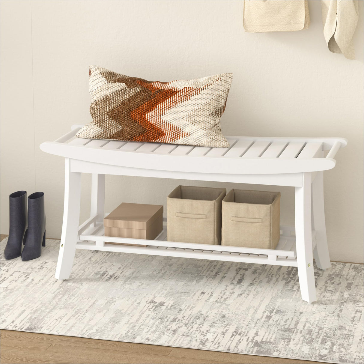 Bamboo Entryway Storage Bench with Shelves Shoe Rack Bench Seat Organizer for Porch Bedroom Bathroom Balcony 39 x 13 x 19.2 Inches White