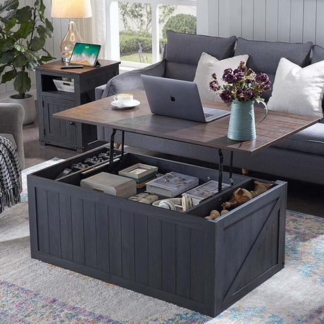 Lift Top Coffee Table with Double Storage Spaces, Farmhouse Rustic Wood Center Table