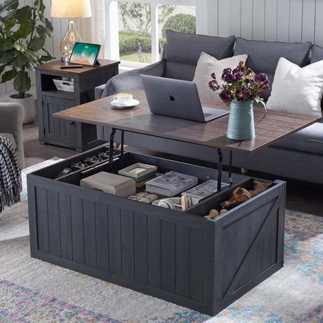 Lift Top Coffee Table with Double Storage Spaces, Farmhouse Rustic Wood Center Table