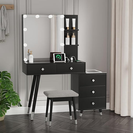 Black Vanity Desk with Mirror and 10 LED Lights, Makeup Vanity Set with 5 Drawers and 2