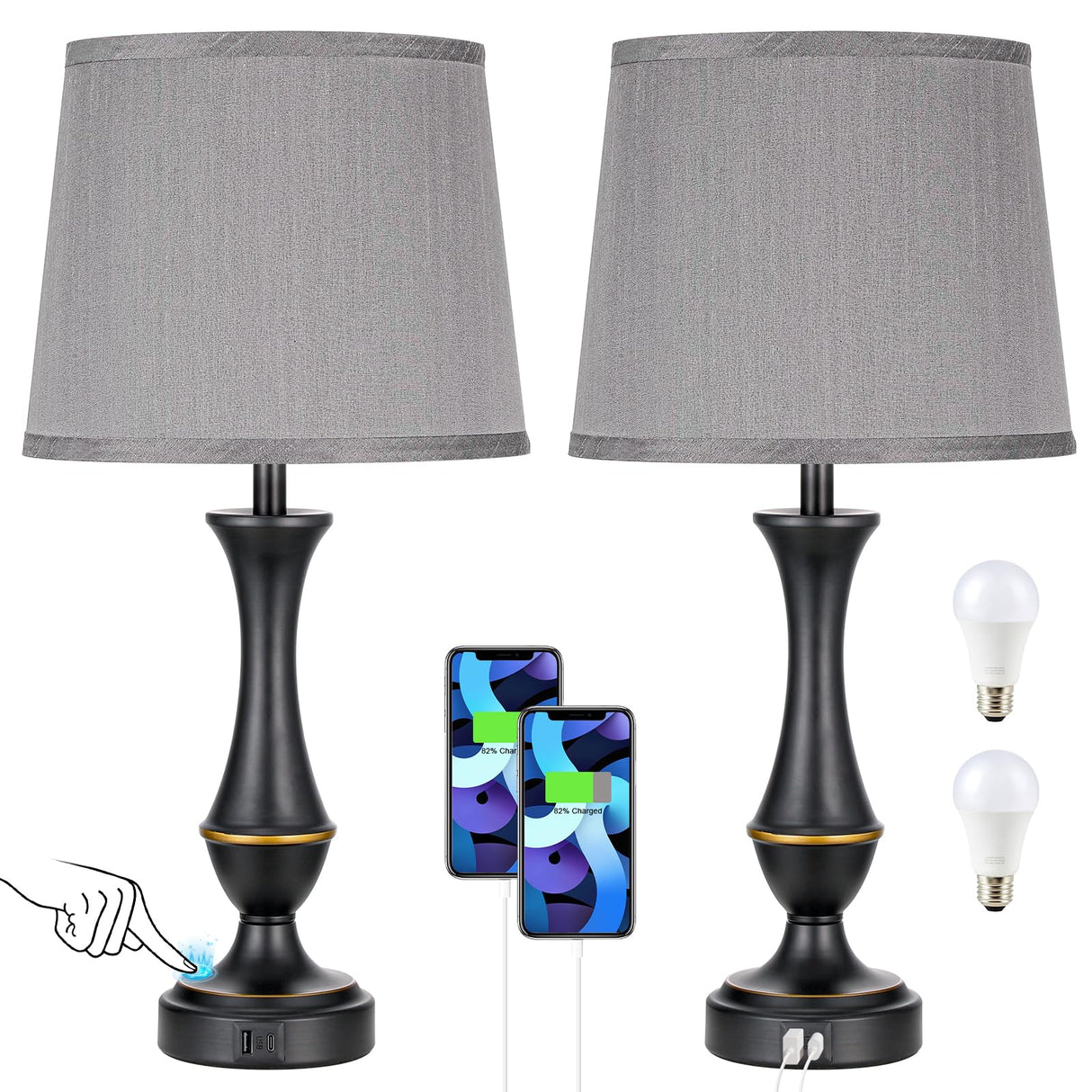 Touch Lamps for Bedrooms Set of 2 - Nightstand Table Lamp with USB C+A, 3 Way Dimmable Bedside