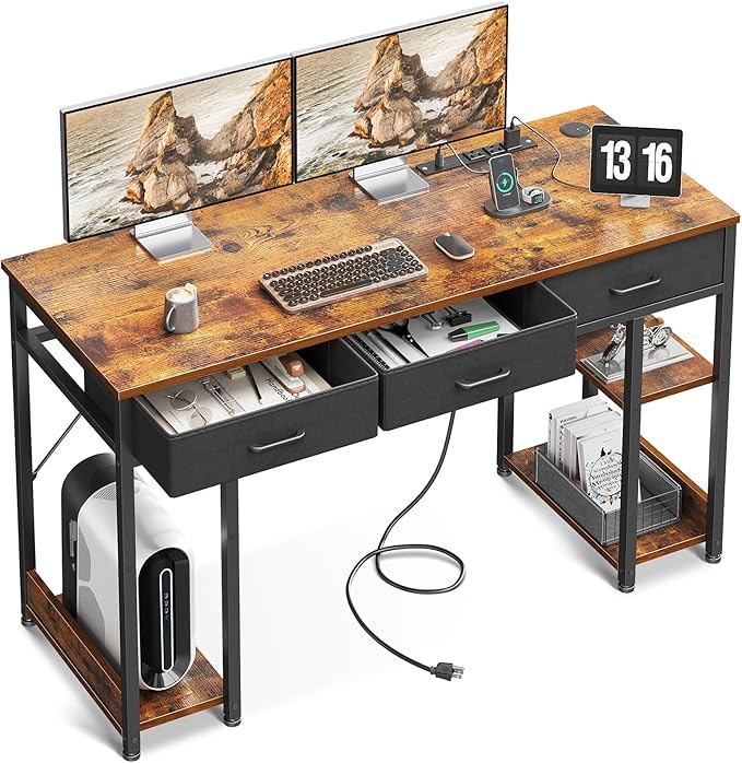 Inch Computer Desk with Fabric Drawers & Power Outlets, Office Desk with Storage Shelves & CPU Stand, Writing Study Table, Small Desk for Bedroom, White