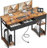 Inch Computer Desk with Fabric Drawers & Power Outlets, Office Desk with Storage Shelves & CPU Stand, Writing Study Table, Small Desk for Bedroom, White