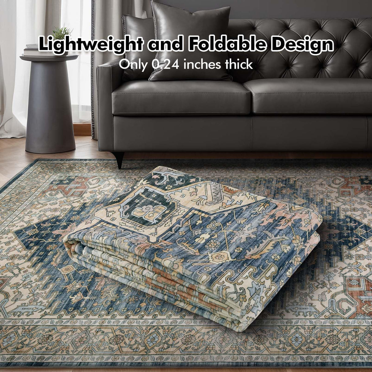 Washable Area Rugs Living Room - 9x12 Large Soft Machine Wash Low Pile Non-Slip Area Rugs, Vintage Neutral Carpet for Dining Room Bedroom Indoor Home Dorm Office Farmhouse Decor Blue