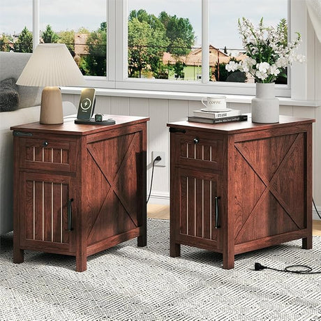 with Charging Station,Industrial/Farmhouse End Table with Drawers & Cabinet,Side Table with Door and Storage Shelf,Side Tables for Living Room,Bedroom,Office (Rustic Cherry)