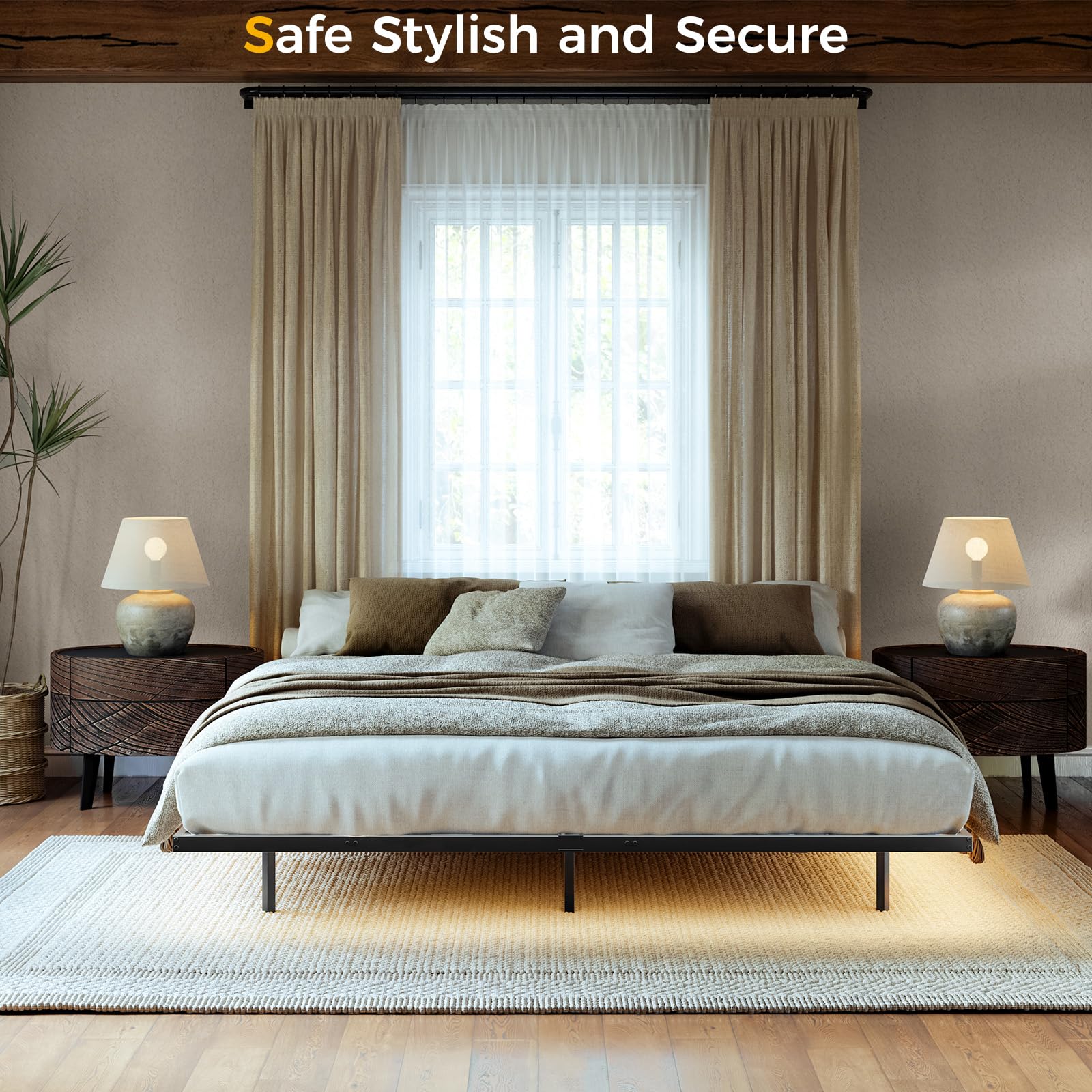 Queen Floating Bed Frame with LED Lights & Charging Station