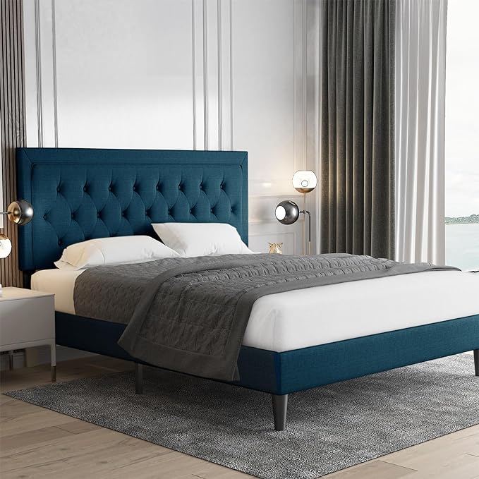 Full Size Bed Frame Upholstered Platform Bed with Adjustable Headboard