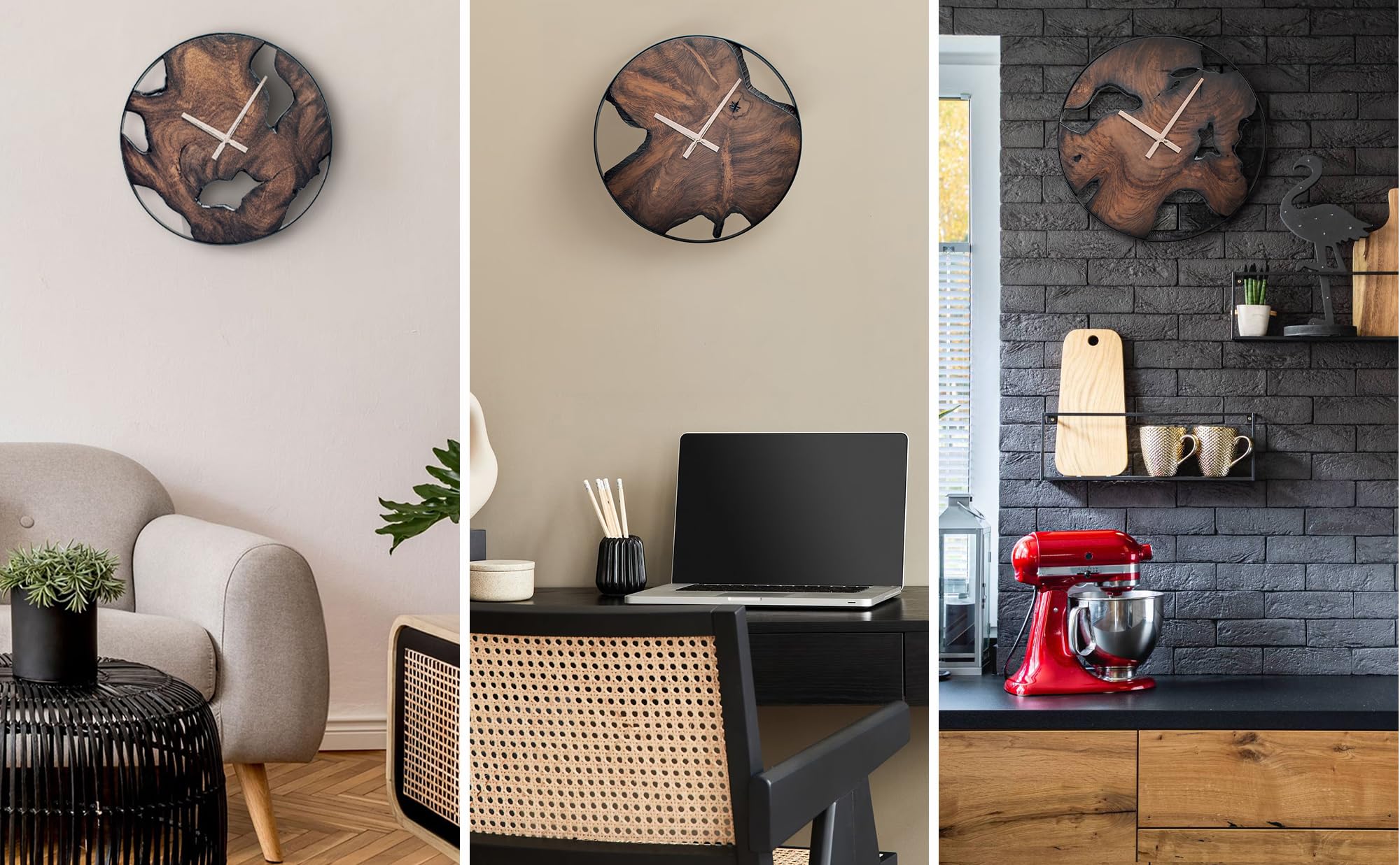 Rustic Wood Wall Clock - Unique Modern Live Edge Teak Dial with Large Black Metal Frame,