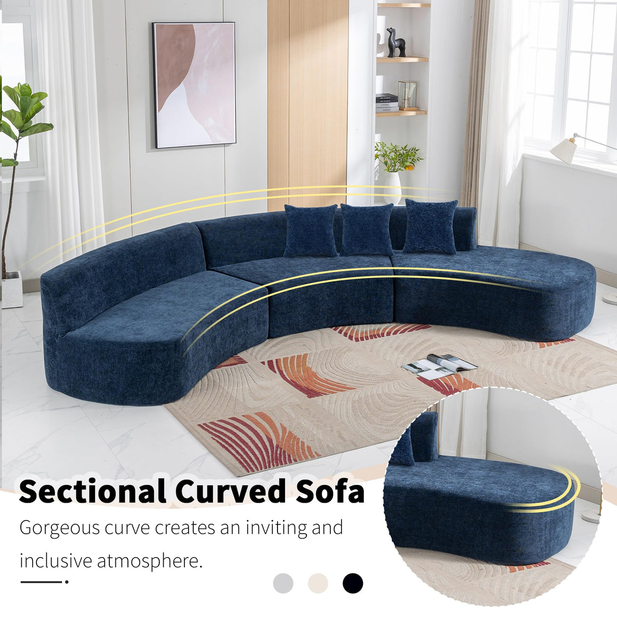 Modern Minimalist Curved Sofa with 3 Soft Throw Pillows