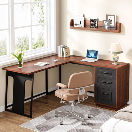 L-Shaped Computer Desk with Drawers, 55" Office Desk with File Drawer Storage