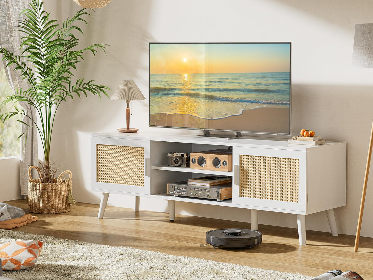 55 Inch TV Stand, Entertainment Center with Adjustable Shelf, Rattan TV Console