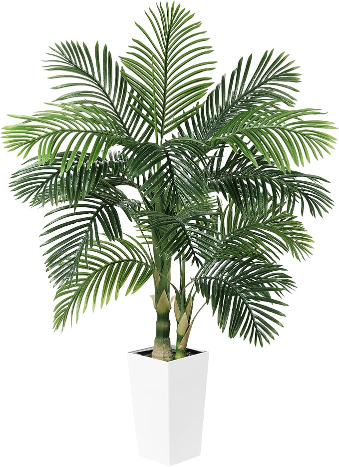 5ft Golden Cane Palm Tree Artificial - Fake Palm Tree with White Tall Planter