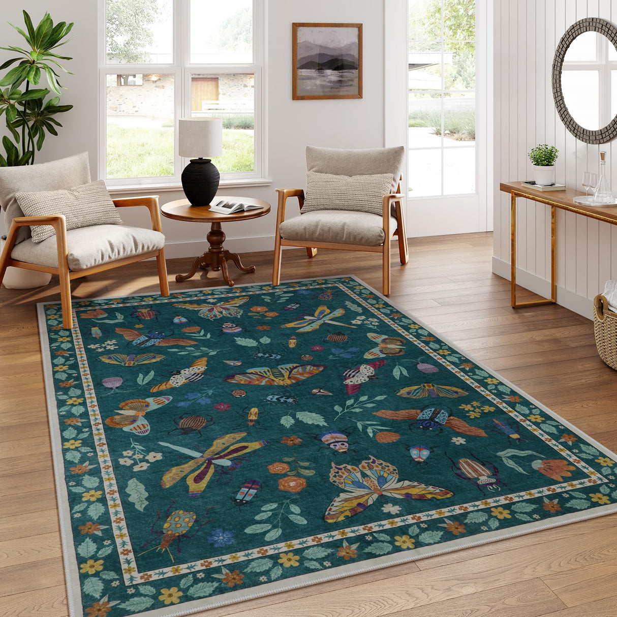 Lahome Insect Print 5x7 Area Rugs for Living Room, Soft Washable Rugs for Bedroom Ultra-Thin Non Slip Modern Rug, Stain Resistant Throw Rug Carpet for Office Nursery Dining Room(5'x7',Dark Green)