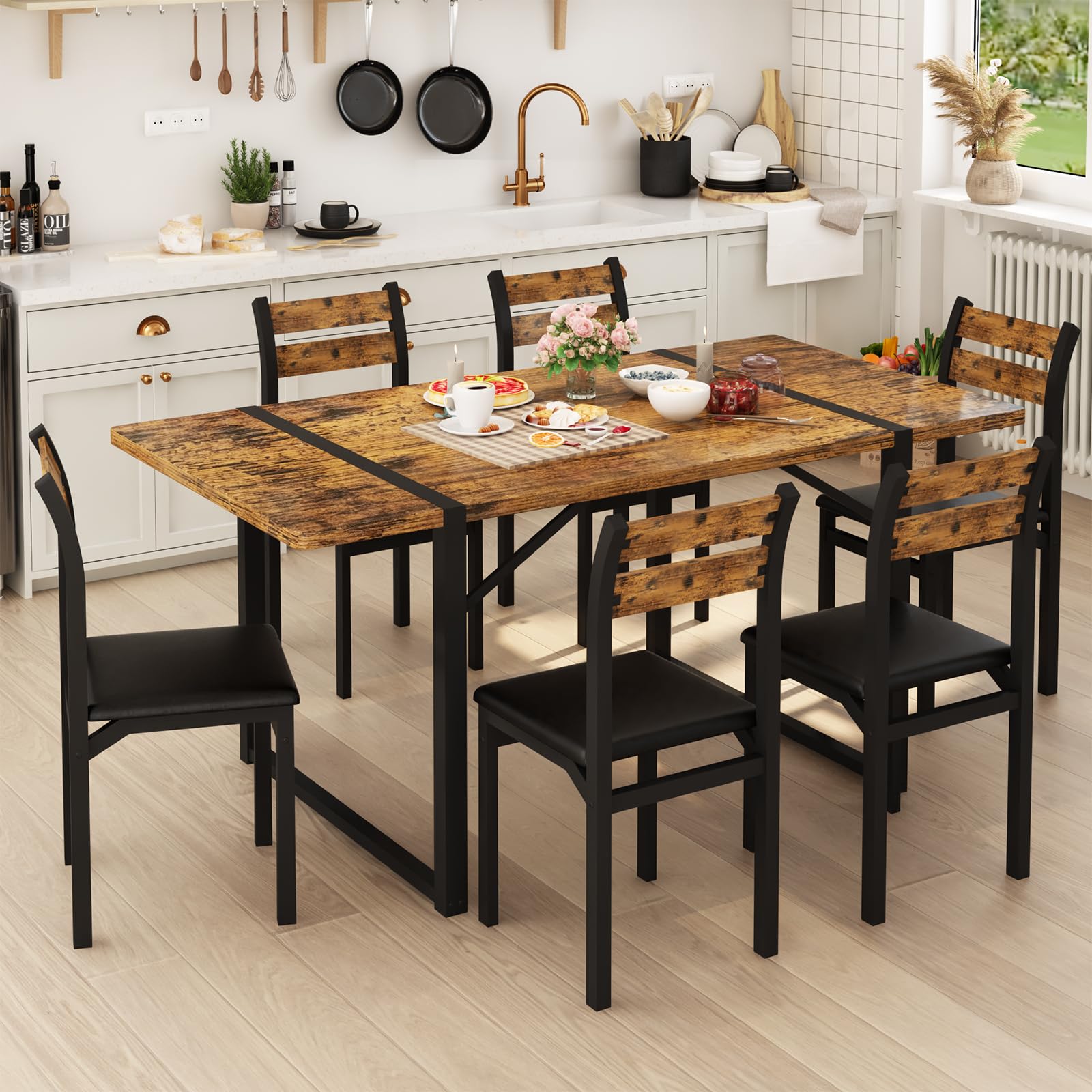 7-Piece Dining Table Set with Upholstered Chairs - 55" Farmhouse Style