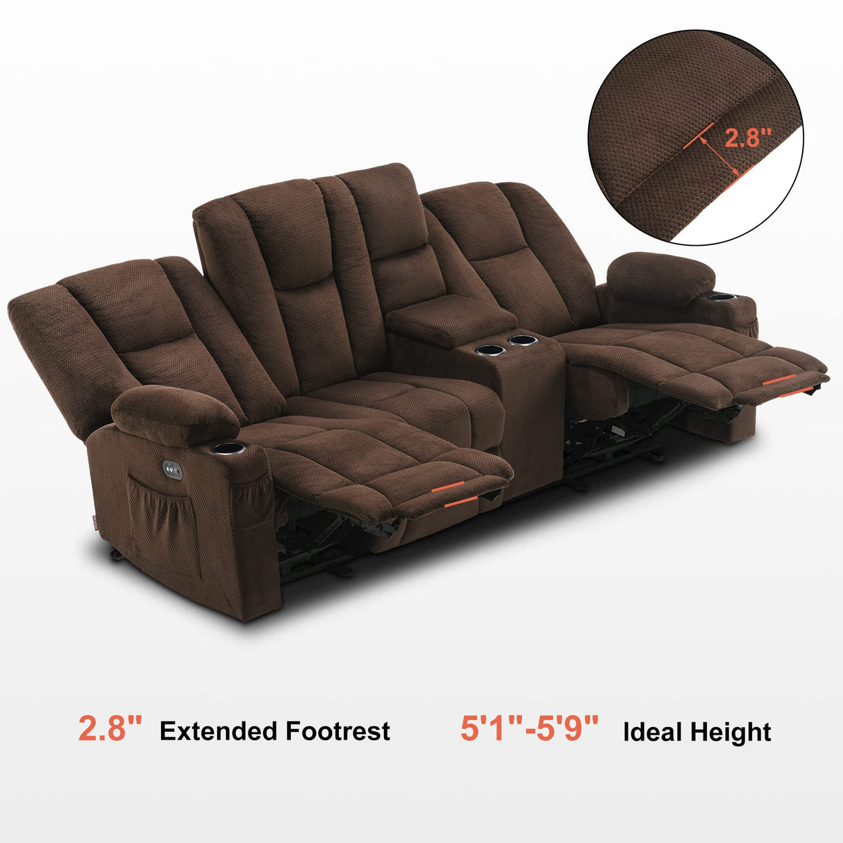 Power Reclining Sofa with Heat and Massage,USB Ports, Cup Holders