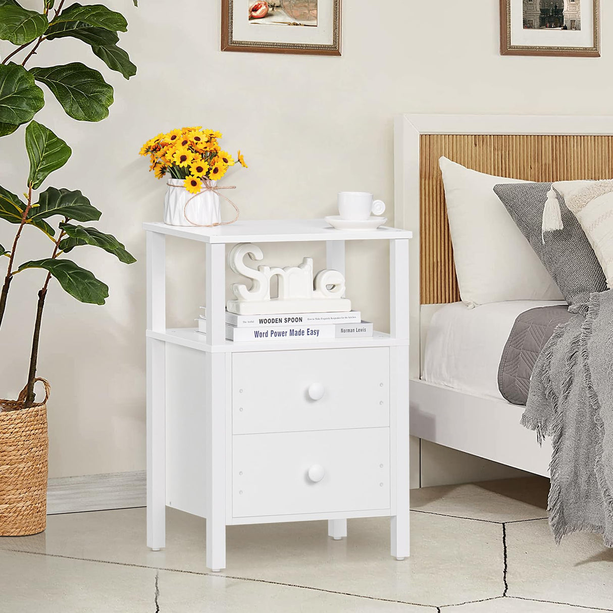 White Night Stand, Small Nightstand with 2 Wood Drawers and Storage Shelf, Modern