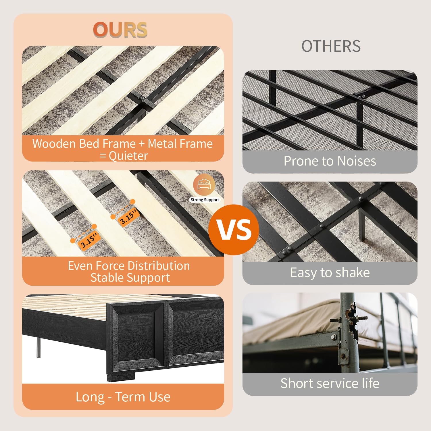 Queen Bed Frame with Wood Headboard and Footboard - Black