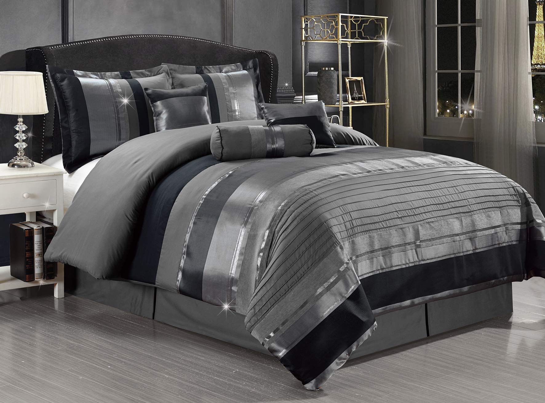 7-Piece King Chenille Jacquard Comforter Set - Grey Silver Stripe
