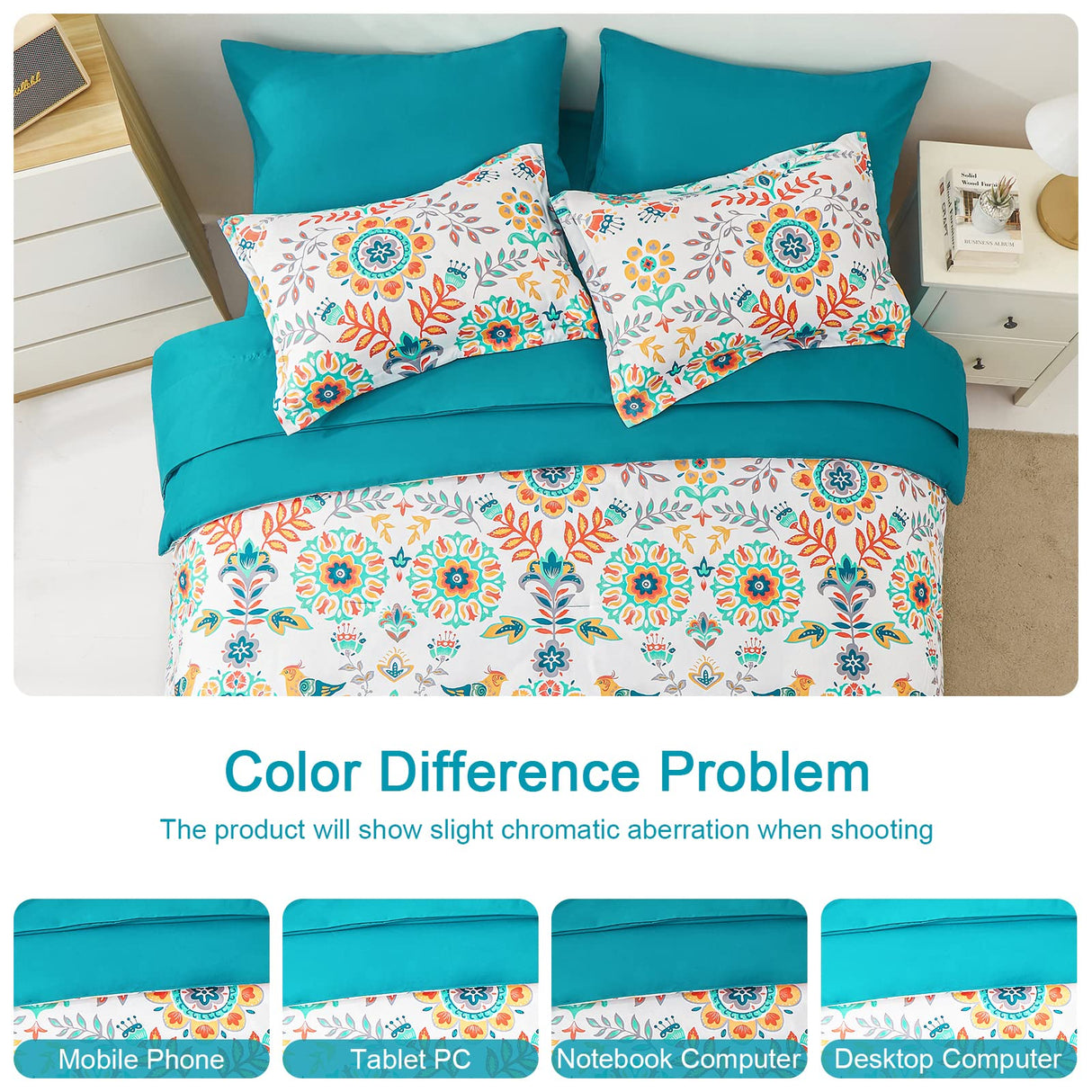 Boho Comforter Set Queen - 7 Pieces Bed in a Bag Floral Medallions Design, Bohemian