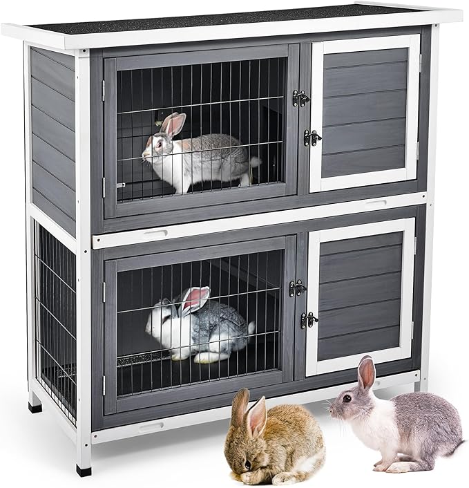 2 Story Wooden Rabbit Hutch for 2 Rabbits, Indoor Outdoor Bunny Cage