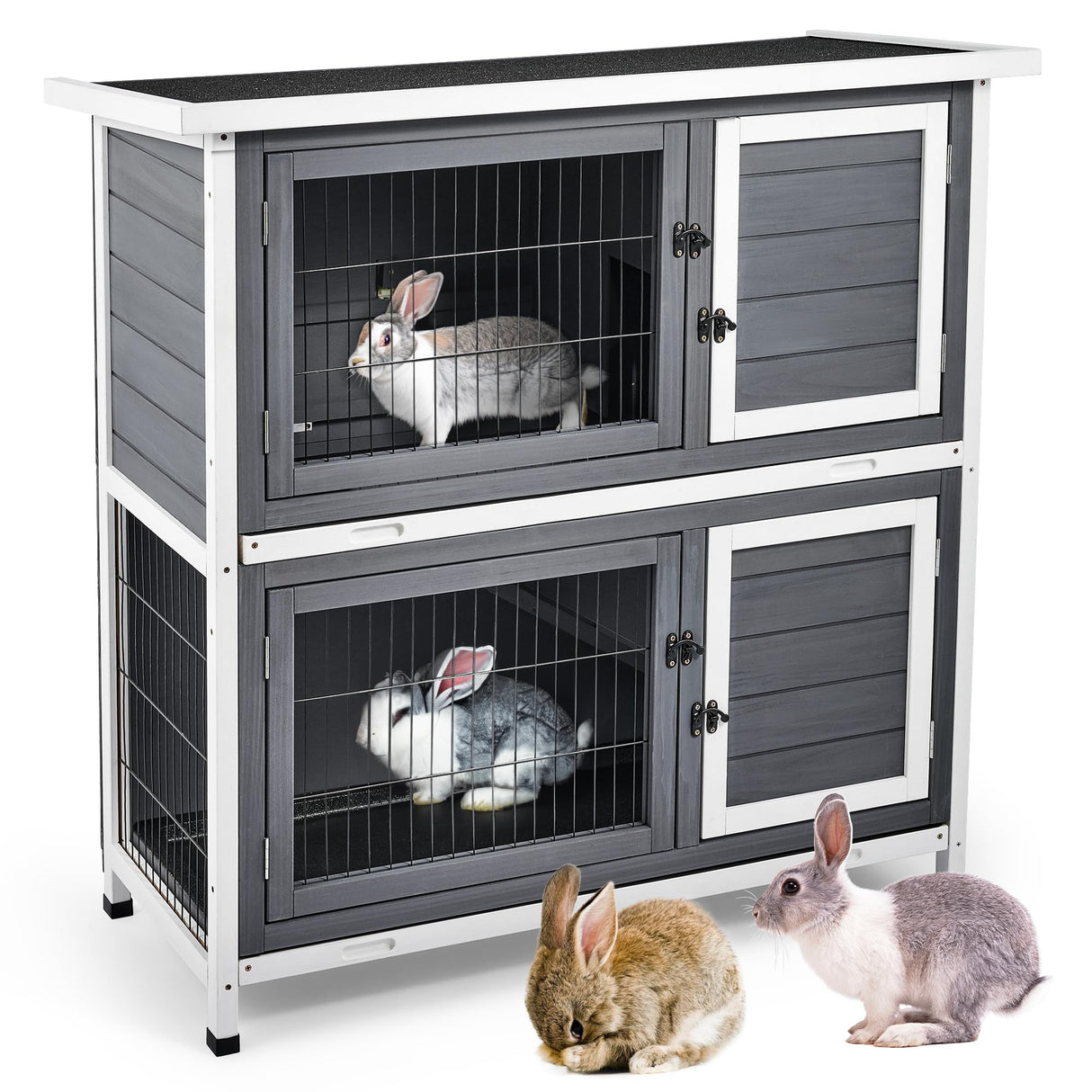 Rabbit Hutch with with 2 Large Separable Rooms, Indoor Outdoor Bunny Cage Rabbit House