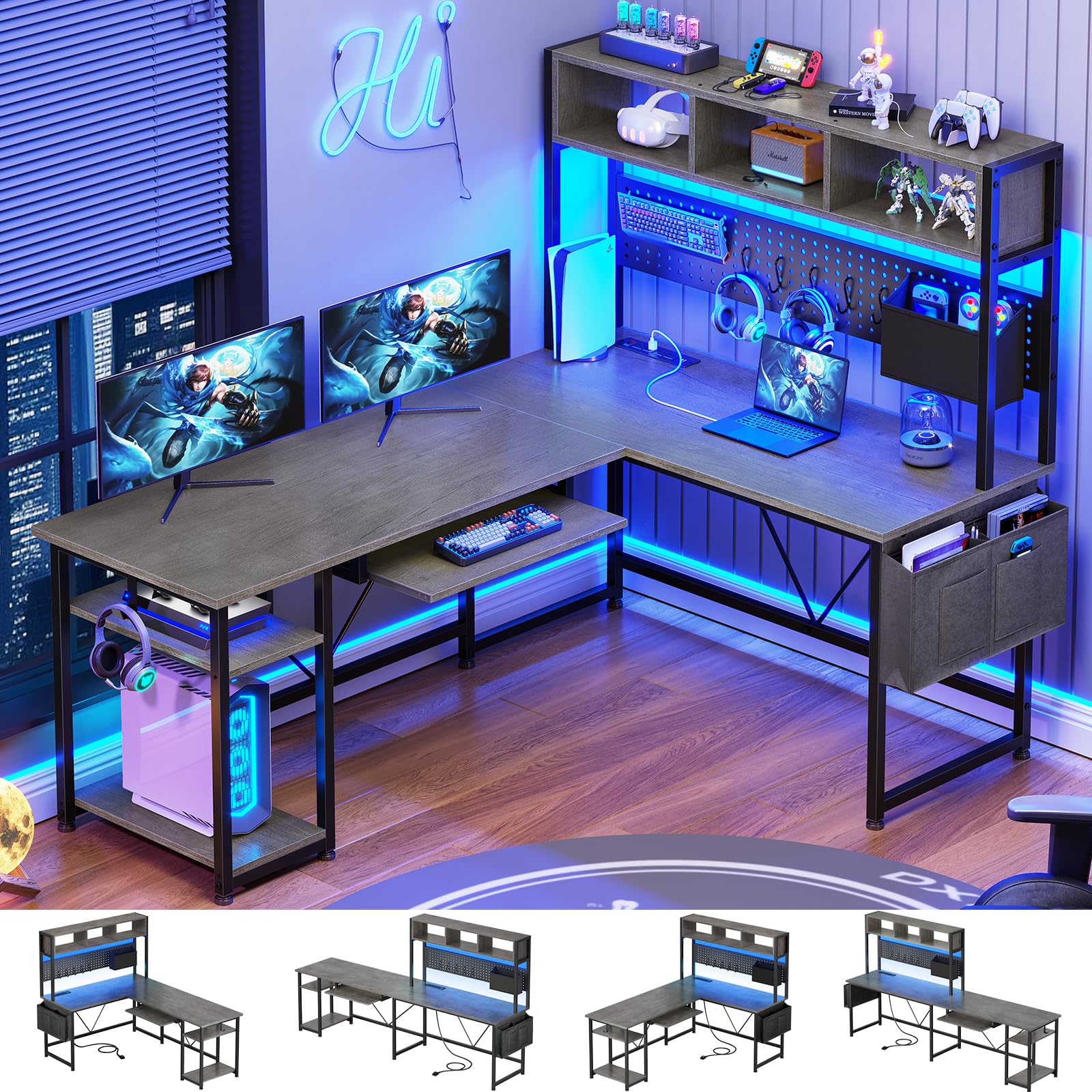 Corner Computer Desk with Storage Shelves, 57.5” Reversible Home Office Desk