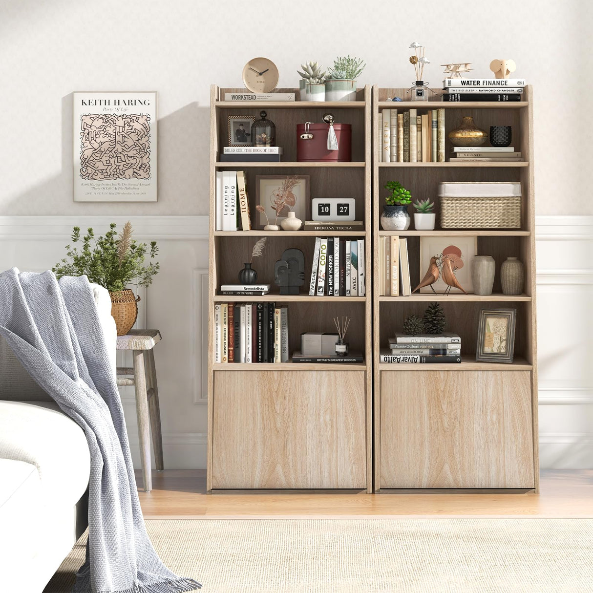 Tier Bookcase, Modern Bookshelf w/ 2 Adjustable Shelves & Flip-up Door, Wood Storage