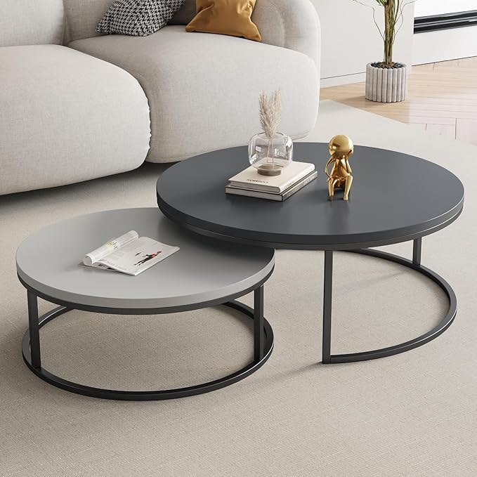 Round Nesting Coffee Table Set of 2,Modern Coffee Table Stacking Living Room Accent Tables,Minimalist Side Table and Tea Table Set for Living Room,Bedroom,Office