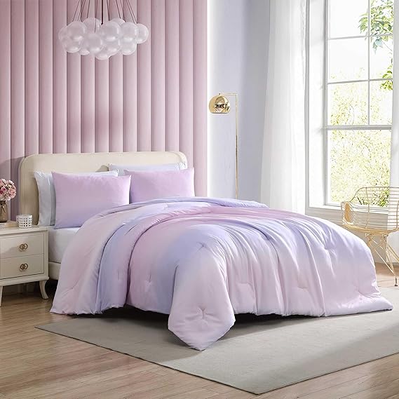 Twin Comforter Set with Matching Sham & Reversible Plush Throw - Bow Stripe Pink