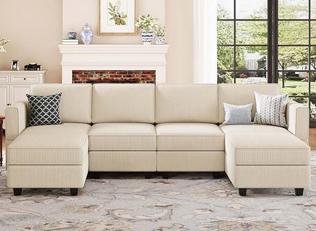 Modular Sectional Sofa with Storage Ottomn Seats, Corduroy Convertible Modular