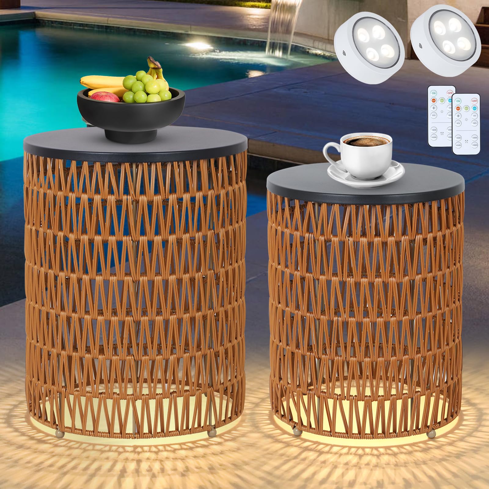 Outdoor Side End Table with Dimmable Light Remote Control