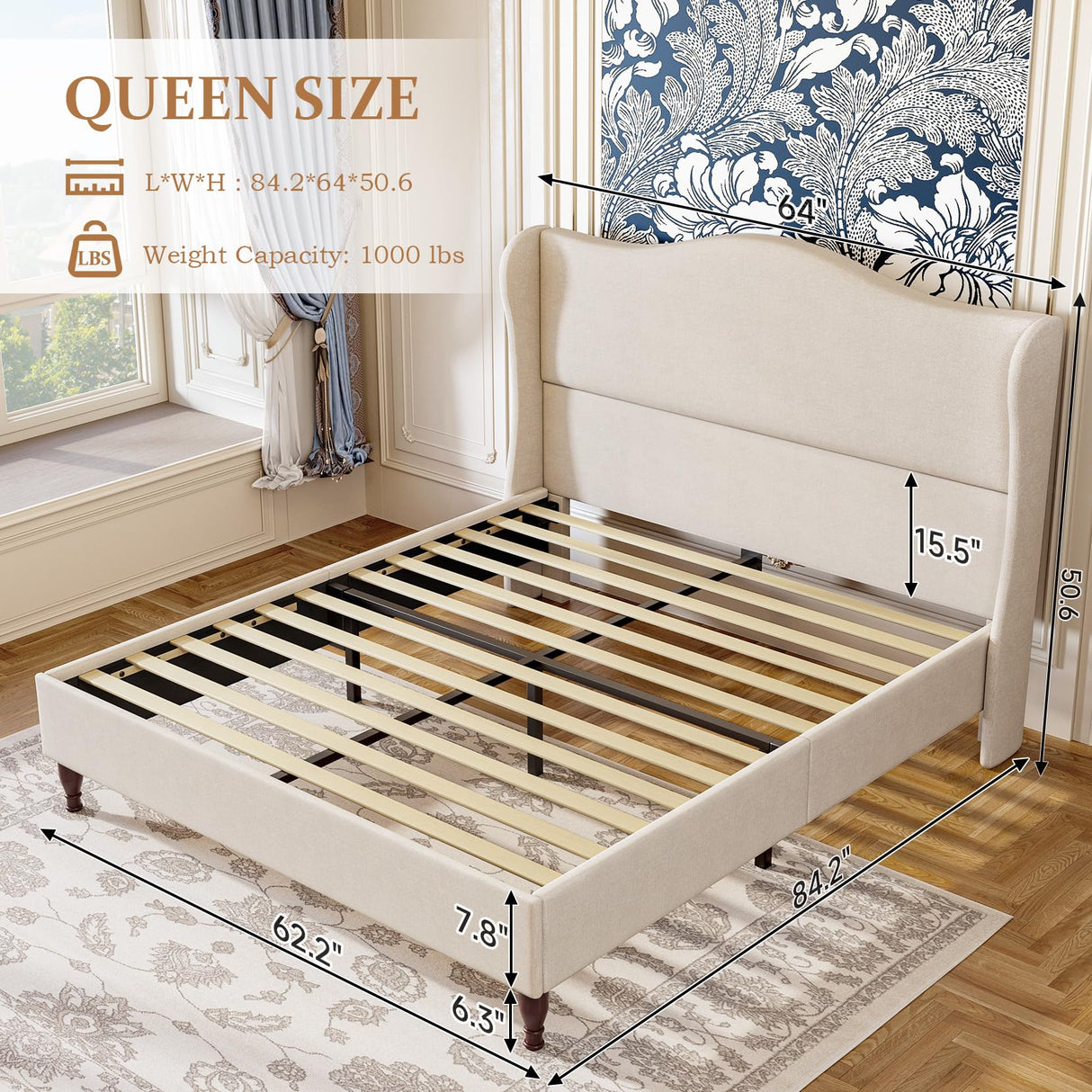 Queen Size Bed Frame Upholstered Platform Bed with 51" Tall Headboard Wingback,