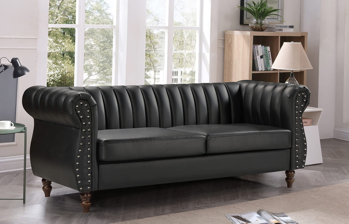 Chesterfield-Inspired 77" Faux Leather Sofa with Elegant Design, Gourd Legs, and Sustainable Pleather Upholstery,