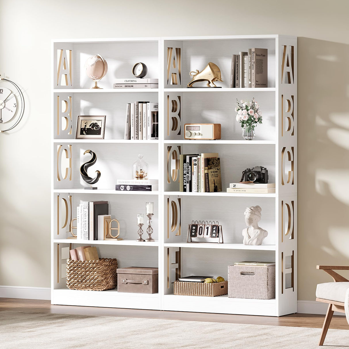 70.87-Inch Tall White Bookshelf, 5-Tier Wood Bookcase with Open Display Shelves