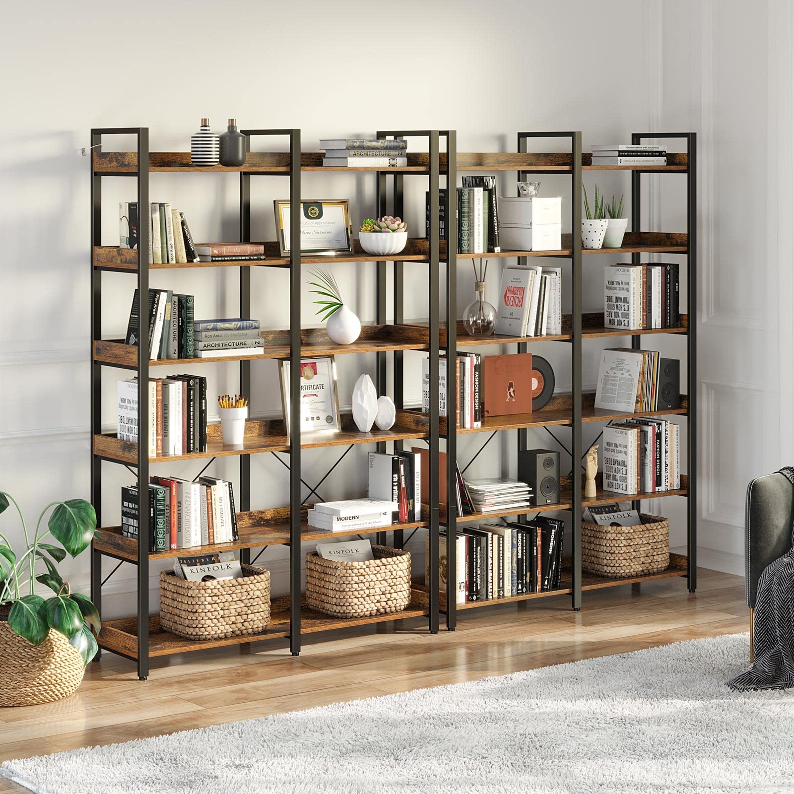 Bookshelf 6 Tier with 4 Hooks, 67” Industrial Wooden Bookcase, Vintage Storage Rack with Open Shelves, Rustic Standing Bookshelves Metal Frame 43.3” Wide Display Rack, Rustic Brown