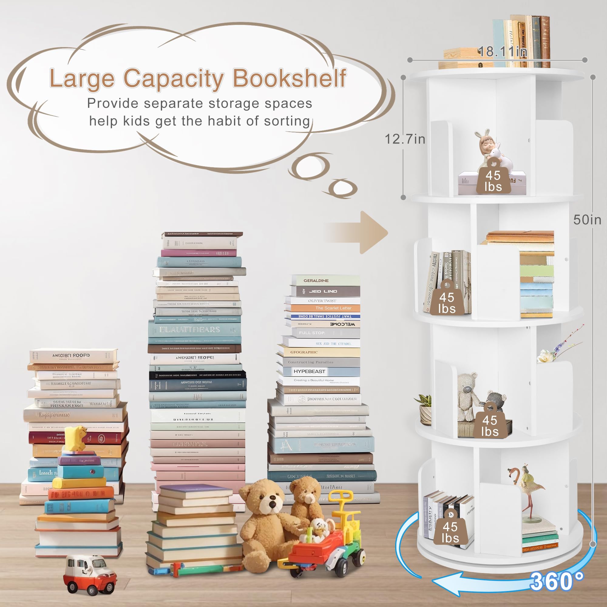 Rotating Bookshelf,Wood Corner Bookshelf 4 Tier 360 Display Spinning Bookshelf Floor Standing Bookcase White Stackable Bookshelf Storage Rack Organizer for Small Space Bedroom Living Room Study Room
