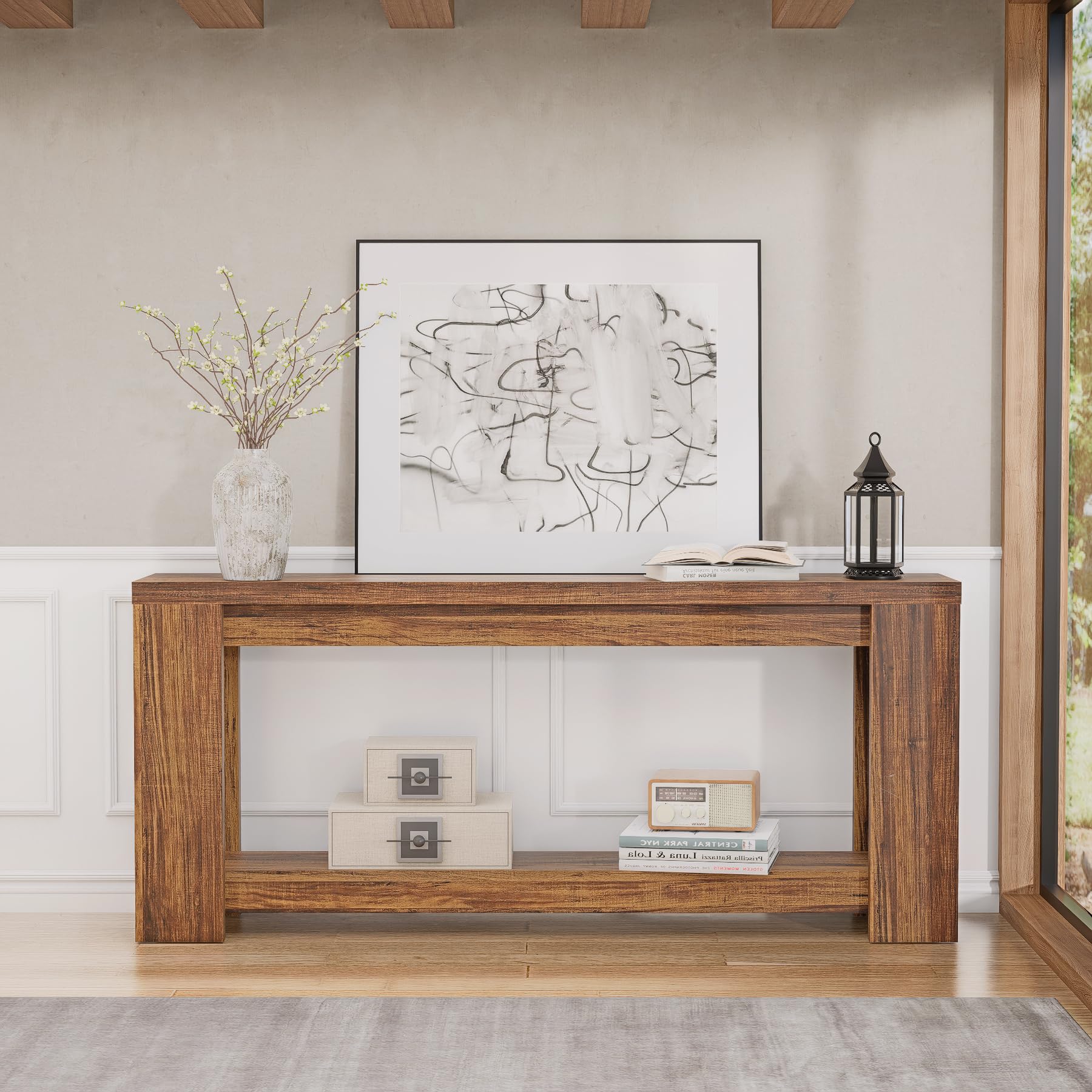 70.9" Farmhouse Console Table with Storage Shelf - Rustic Brown