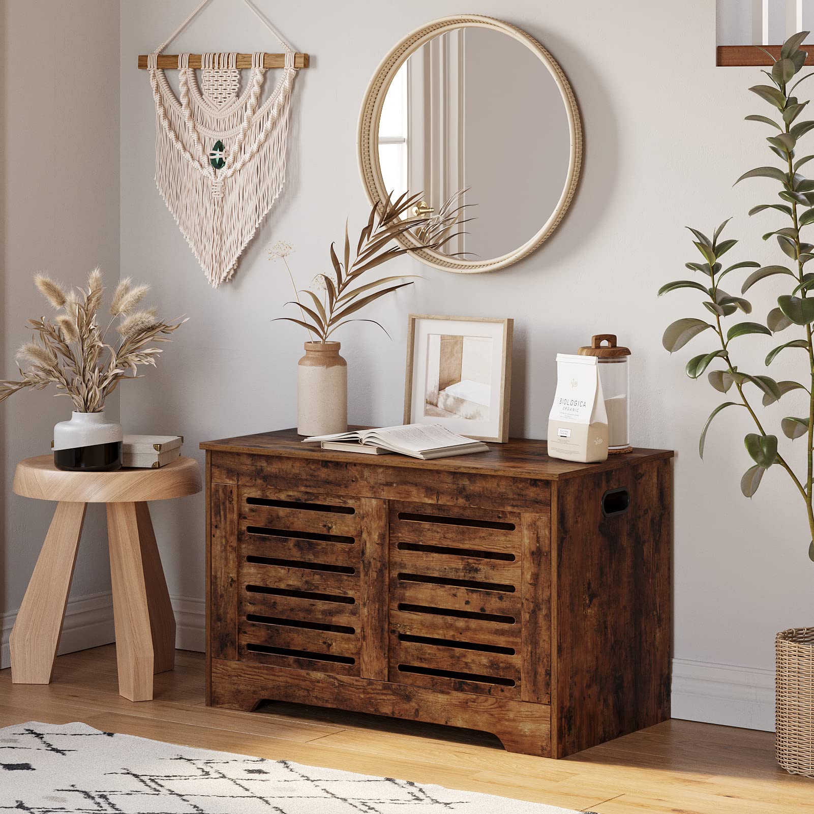 Storage Chest, Flip-Top Wooden Toy Box with 2 Safety Hinges, Retro Entryway Shoe Bench