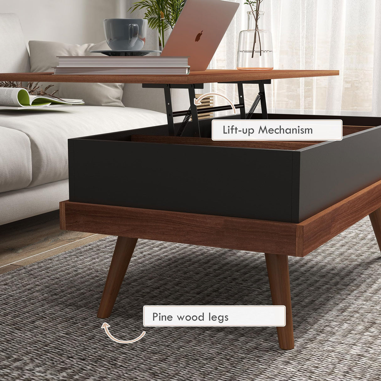 Lift Top Coffee Table with Hidden Compartment, 39.25" Wooden Center Table