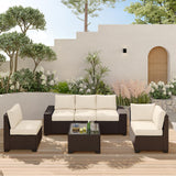 6-Piece Outdoor Wicker Patio Furniture Set with Cushions and Glass Coffee Table