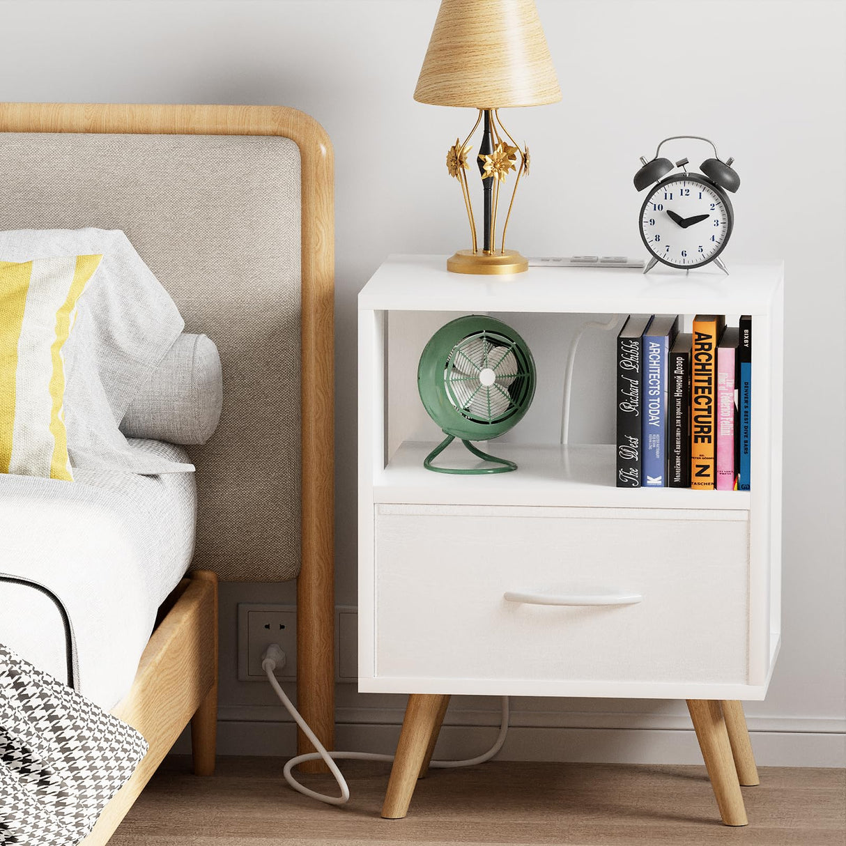 Night Stand with Charging Station, White Kids Nightstand with Drawer