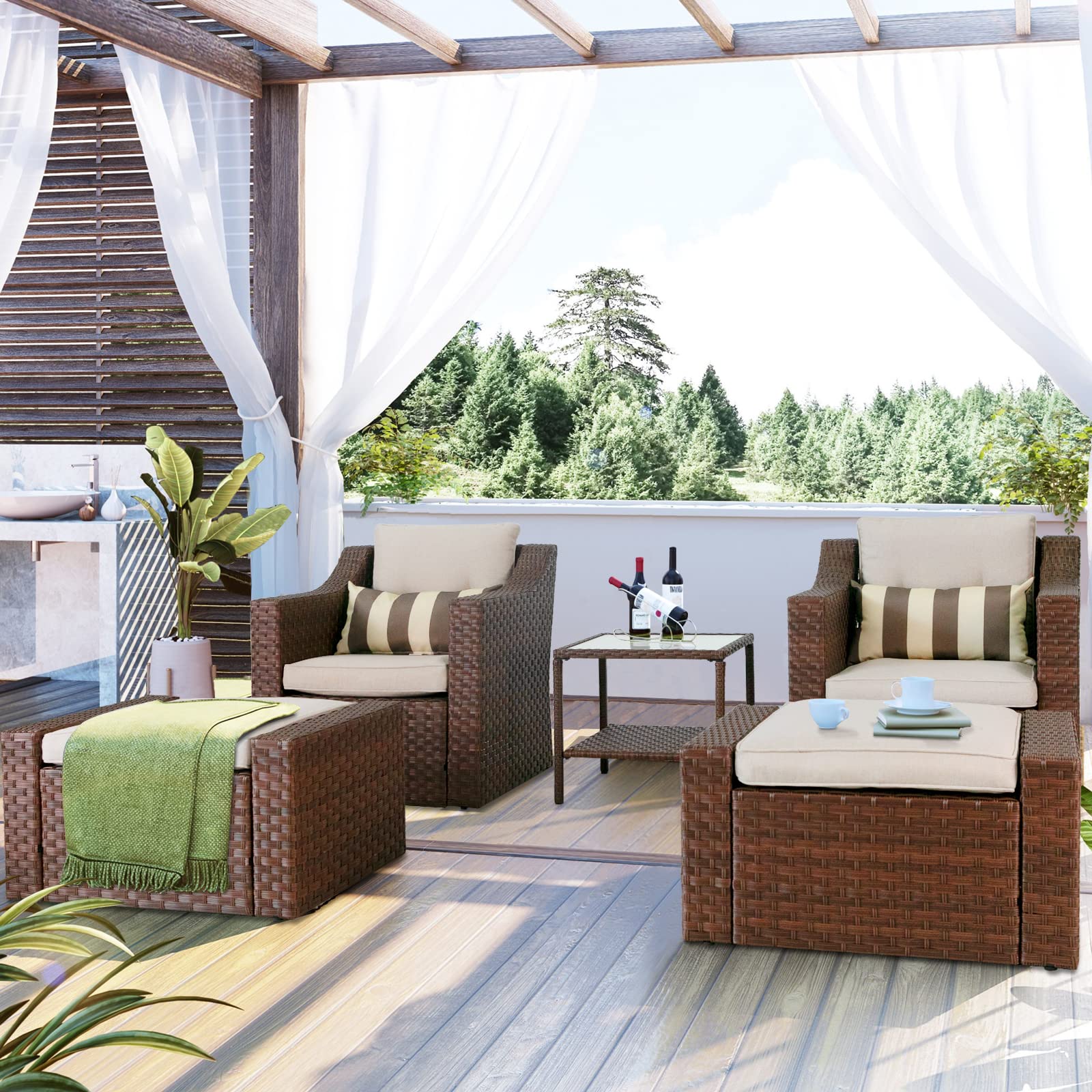 5 Piece Patio Conversation Set Outdoor Furniture Set, Brown Wicker Lounge Chair