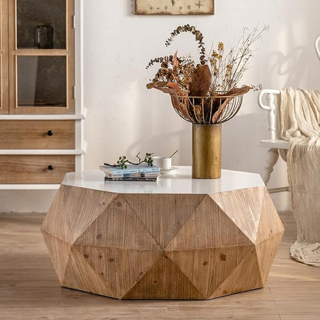 38" Vintage Round Wood Coffee Table with Three-Dimensional Relief Design