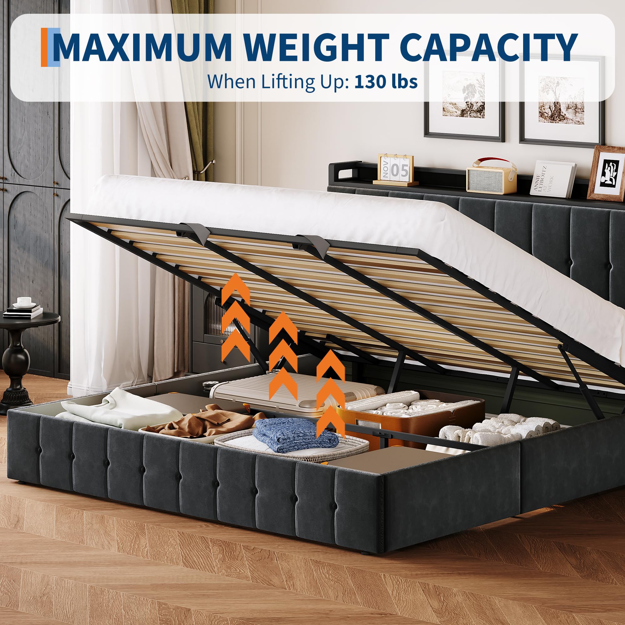 King Bed Frame with Lift-Up Storage - Upholstered Velvet Platform Bed