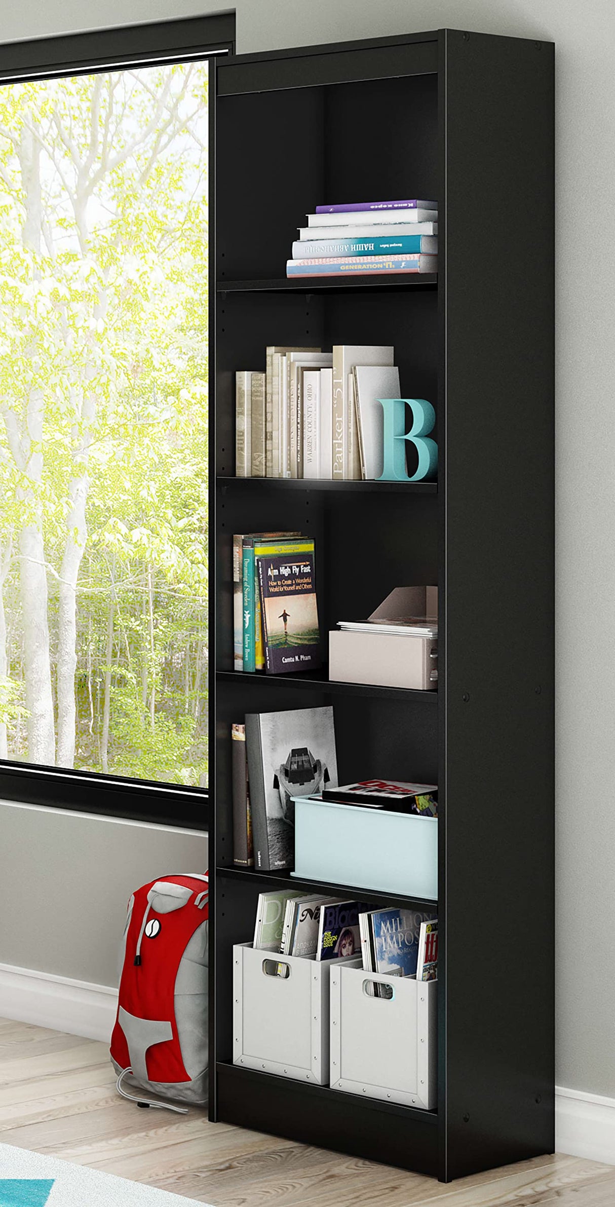 5-Shelf Narrow Bookcase, Pure Black, 7270758